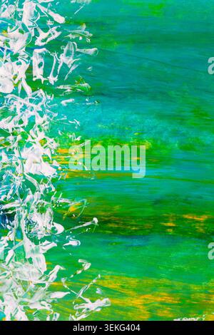 Abstract blue and green acrylic paint background with expressive white paint textures and soft blended brush strokes. Artistic contemporary backdrop w Stock Photo