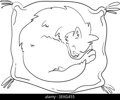 Hand drawn line art illustration of a sleeping cat curled up on a soft pillow. Cozy pet themed coloring page style artwork isolated on a light backgro Stock Vector