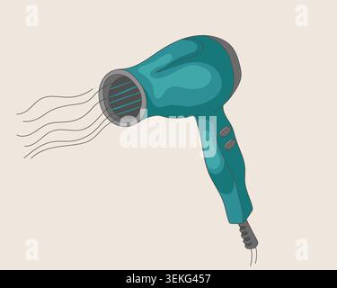 Portable hair dryer blowing warm air. Simple beauty and grooming illustration suitable for salon, hairstyling, personal care, and cosmetic themes Stock Vector