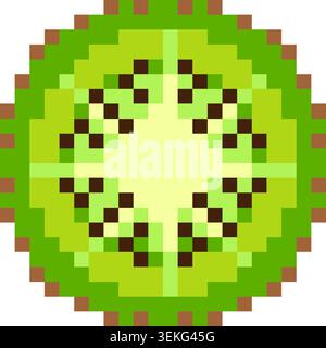 Green kiwi slice pixel art icon in retro 8 bit style. Tropical fruit illustration isolated for gaming and digital design projects Stock Vector