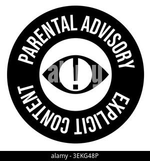 Minimal circular parental advisory symbol with eye icon and exclamation mark. Designed for content rating systems, media packaging, digital platforms, Stock Vector