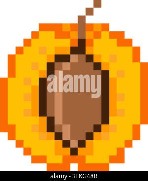 Peach half pixel art icon showing seed in retro game style. Fruit illustration isolated for gaming and digital content Stock Vector