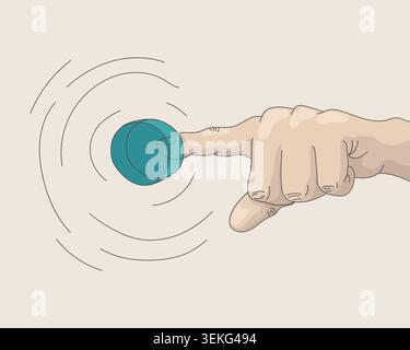 Human finger pressing a round button with circular ripple effect. Minimal illustration representing touch interaction, activation, control systems, us Stock Vector