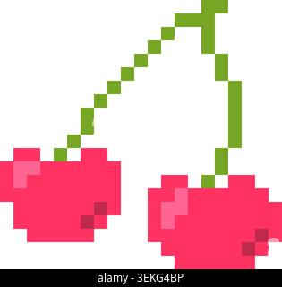 Pair of cherries pixel art icon in classic 8 bit style. Sweet fruit illustration isolated for games and digital content Stock Vector