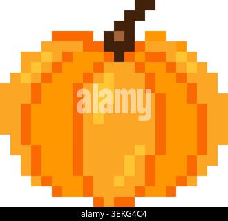 Bright pumpkin pixel art icon in retro 8 bit game style. Autumn harvest vegetable illustration isolated for games, stickers and digital design project Stock Vector