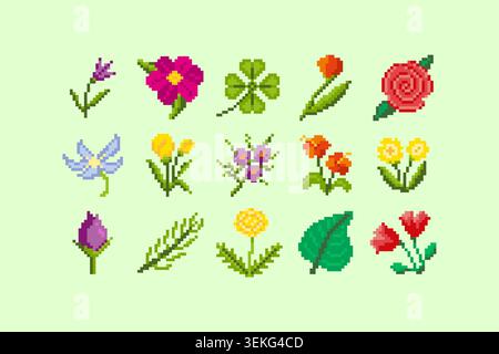 Retro pixel art flower collection featuring roses, tulips, wildflowers, leaves, clovers, and botanical elements. Designed as individual icons and deco Stock Vector