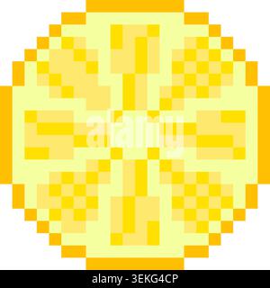 Round lemon slice pixel art icon in classic 8 bit style. Citrus fruit illustration isolated for games, applications and digital content Stock Vector