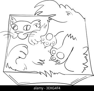 Hand drawn line art illustration of a playful cat sitting inside a cardboard box. Pet themed coloring page style artwork isolated on a light backgroun Stock Vector