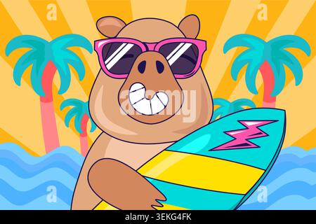 Cheerful cartoon capybara character with bright pink sunglasses holding colorful surfboard on a tropical beach background with palm trees, waves, and Stock Vector