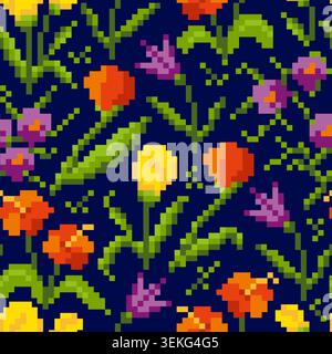 Colorful seamless pixel art floral pattern featuring roses, tulips, wildflowers, leaves, and botanical motifs. Retro 8-bit inspired repeating backgrou Stock Vector