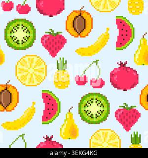 Seamless pixel art fruit pattern featuring watermelon, banana, kiwi, strawberry, pineapple, lemon, pear, cherry, apricot, and pomegranate. Bright retr Stock Vector