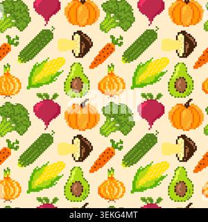 Seamless pixel art vegetable pattern featuring broccoli, cucumber, carrot, corn, avocado, onion, pumpkin, beetroot, and mushroom. Retro 8-bit repeatin Stock Vector