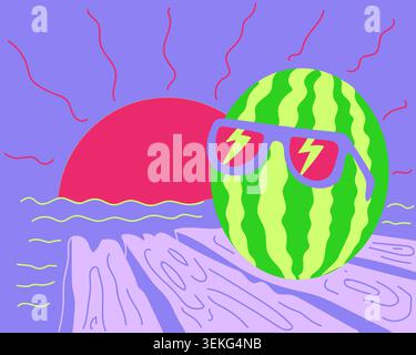 Violet and green cartoon outline illustration. Summer aesthetic. Watermelon with sunglasses on pier in sunset Stock Vector
