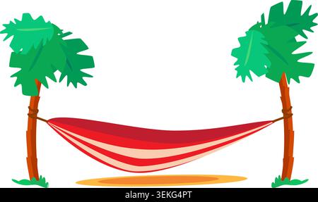 Tropical hammock between palm trees for relaxation, beach resorts, island holidays, and peaceful summer leisure, flat summer illustration Stock Vector