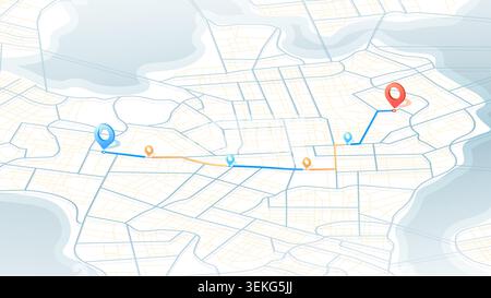 GPS navigation to pins and multiple markers on route. City map featuring directional signs, an intended goal point. Abstract plan highlights POI city Stock Vector