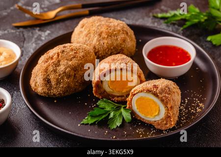 Traditional Scotch Eggs on a black plate, on a dark background. Stock Photo