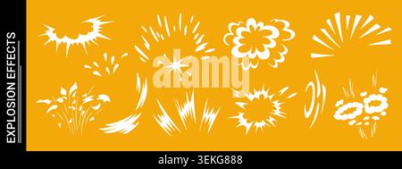 Explosive doodle comic action scene featuring dynamic burst effect vector illustration set. Stock Vector