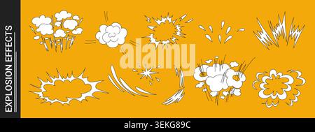 Explosive doodle comic action scene featuring dynamic burst effect vector illustration set. Stock Vector