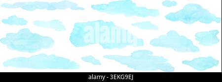 Soft blue watercolor clouds float across white vector illustration set, perfect for dreamy sky design Stock Vector