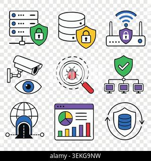 Cyber security icons collection featuring surveillance camera data analytics dashboard and network server shields Stock Vector