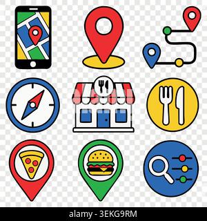 Food delivery location tracking icons featuring mobile navigation map cafe storefront pizza sign and restaurant symbols Stock Vector
