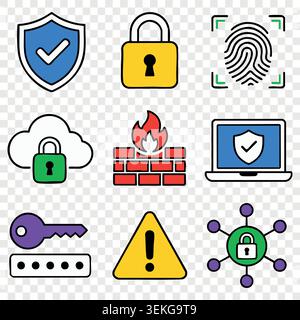 Network security icons set with digital firewall protection cloud safety and warning signs illustrations Stock Vector