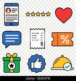 Customer review rating elements including stars badge chat message receipt discount tag and food serving dome Stock Vector