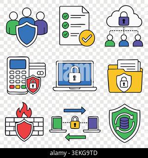 Cyber security vector icons set including data protection shields smart locks and secure server cloud storage Stock Vector