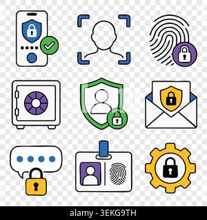 Biometric security icons with face recognition fingerprint scanner metal safe box and password protection elements Stock Vector