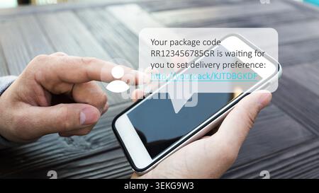 Scam message appears on smartphone about a package delivery preference Stock Photo