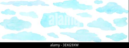 Soft blue watercolor clouds float across white vector illustration set, perfect for dreamy sky design Stock Vector