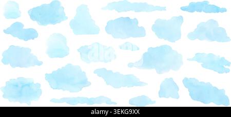 Soft blue watercolor clouds float across white vector illustration set. Stock Vector