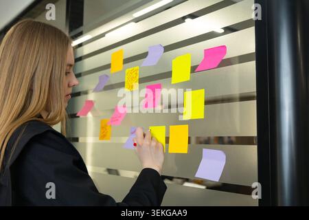 Businesswoman planning project with sticky notes on office glass board Stock Photo