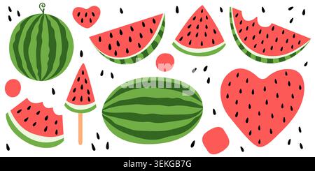 Watermelon slices and watermelon seeds set Stock Vector