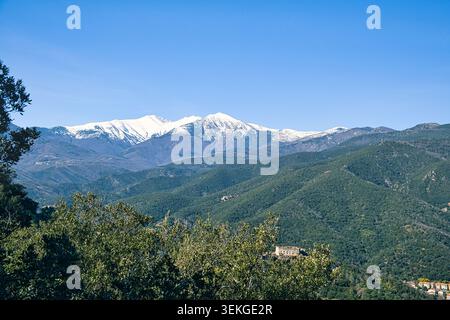 Snow-capped mountain rising up above heavily forested hills under a blue sky. Mount Canigou in the eastern part of the French Pyrenees Stock Photo