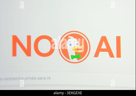 Paris, France - June 2, 2026: DuckDuckGo homepage with a "No AI" message and duck mascot, opposing artificial intelligence Stock Photo