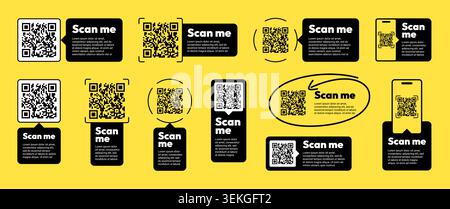 Black QR code sticker frame design. Scan me smartphone digital payment barcode vector illustration. Mobile app retail store qrcode scanner reader symbol supermarket business template graphic. Stock Vector