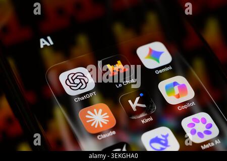 Paris, France - May 29, 2026 : Smartphone home screen displaying various AI application icons including Le Chat and ChatGPT. Stock Photo