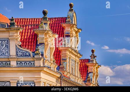 Building exterior facades of with many different design and architectural features in the old city center of Prague, Czech Republic Central Europe Stock Photo