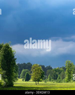 Threatening sky above green rural fields and trees Stock Photo