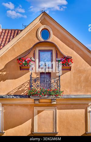 Building exterior facades of with many different design and architectural features in the old city center of Prague, Czech Republic Central Europe Stock Photo