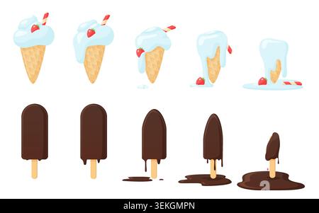 Set of melting ice cream cones and chocolate popsicles in progressive stages with drips, puddles, strawberry topping, and wafer details isolated on white background vector illustration Stock Vector