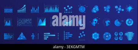 Collection of glowing neon charts, graphs, diagrams, and analytics icons on dark blue background for business dashboard, statistics, presentation, and data visualization vector illustration Stock Vector
