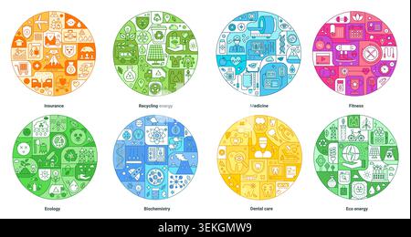 Colorful circular line icon collection with insurance, recycling, energy, medicine, fitness, ecology, biochemistry, dental care, eco energy themes on white vector illustration Stock Vector