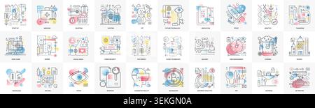 Collection of gradient line icons covering business, science, education, health, finance, and technology concepts in modern outline style isolated on white background vector illustration Stock Vector