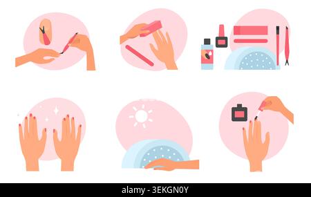 Flat beauty set showing manicure steps, nail polish application, filing, drying lamp and salon tools for nail care and cosmetic treatment isolated on white background vector illustration Stock Vector