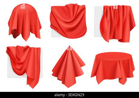 Set of realistic red draped fabric covers hanging over stands, frames, and round table surfaces with realistic folds and soft shadows isolated on white background vector illustration Stock Vector