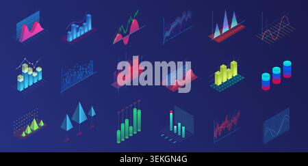 Collection of colorful isometric business charts, graphs, data visualization elements for finance, statistics, dashboard, reporting, market analysis isolated on white background vector illustration Stock Vector