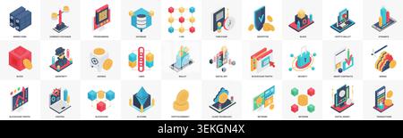 Collection of isometric blockchain, cryptocurrency, wallet, mining, security, smart contract, database, and network technology icons isolated on white background vector illustration Stock Vector