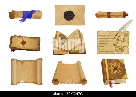 Collection of realistic old scrolls, sealed letters, antique books, parchment pages, vintage manuscript elements for history, fantasy, archive, literature themes on white vector illustration Stock Vector